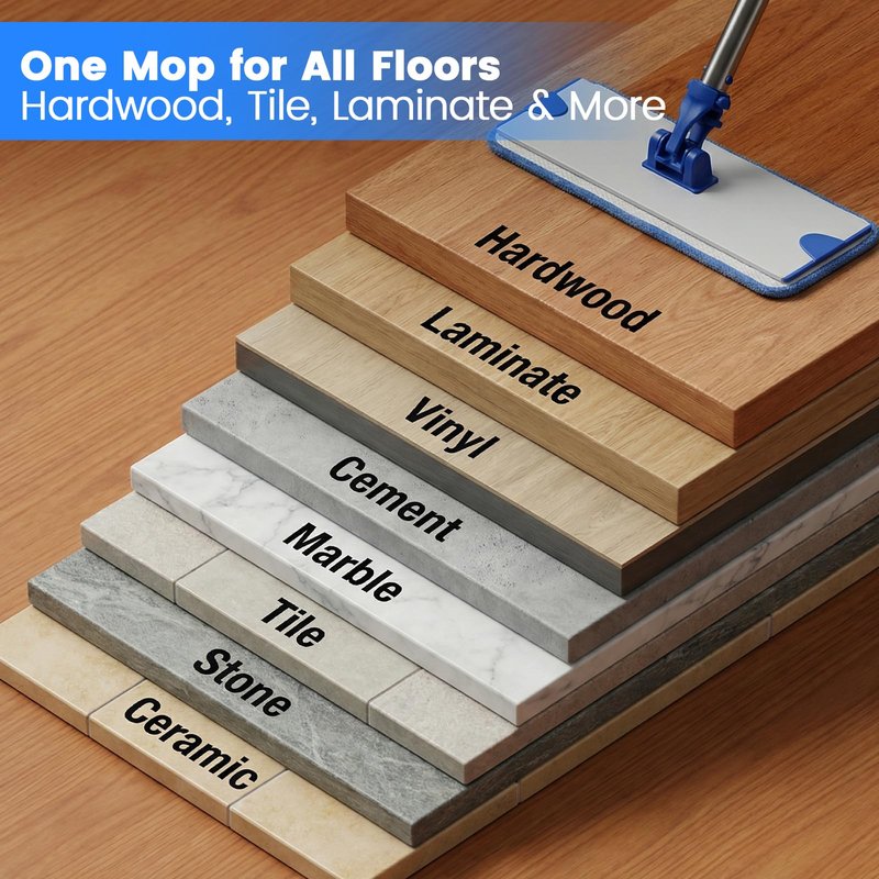18 in Microfiber Flat Mop Cleaning System, Floor Mops with Stainless Steel Handle, Tangle-Free Mop Head, 4 Reusable Washable Dust Pads, Wet Mopping for Hardwood Tile Laminate