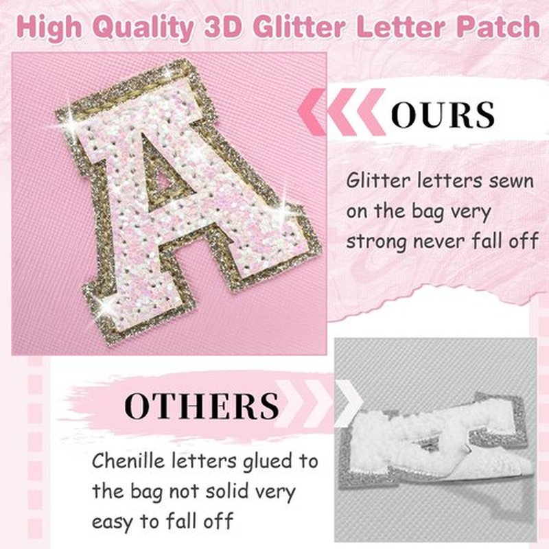 Small Personalized Initial A-Z Patch Makeup Bag,Pink Cute PU Leather Glitter Letter Cosmetic Bag for Teen Girls,Travel Toiletry Bag with Zipper,Preppy Monogrammed Birthday Gift for Daughter Niece M