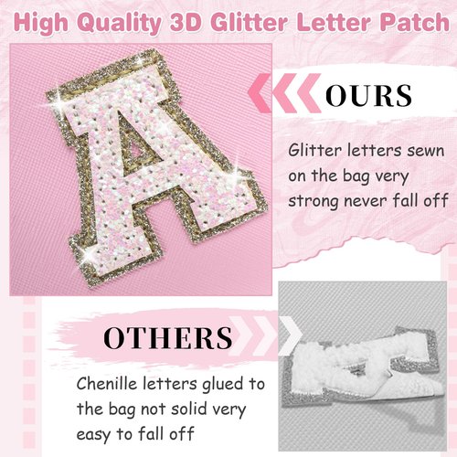 Small Personalized Initial A-Z Patch Makeup Bag,Pink Cute PU Leather Glitter Letter Cosmetic Bag for Teen Girls,Travel Toiletry Bag with Zipper,Preppy Monogrammed Birthday Gift for Daughter Niece M