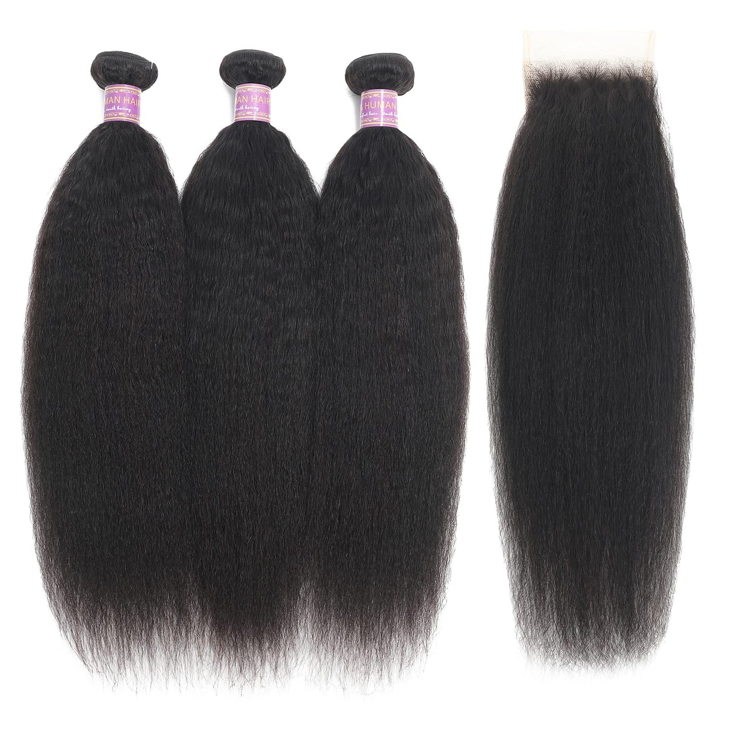Vligcor Kinky Straight Human Hair Bundles With 4x4 Lace Closure Free Part 14 14 14+12 Inch Natural Black 100% Unprocessed Brazilian Virgin Yaki Straight Hair Extensions (14 14 14+12Closure)