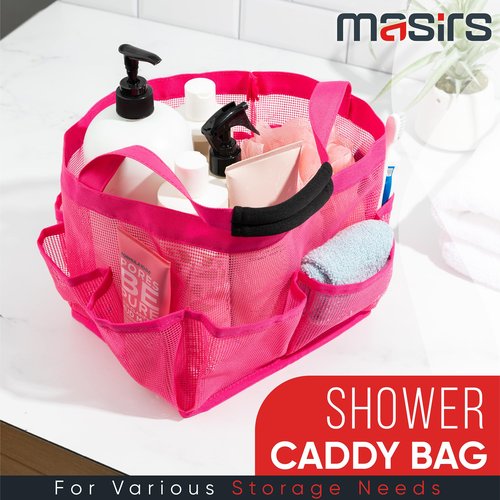 Masirs Mesh Shower Caddy Bag - Collapsible, Portable Bathroom Organizer for Travel, Gym, and Dorm Use. Easily Carry and Organize College Dorm, Bathroom Toiletry Essentials. (Pink)