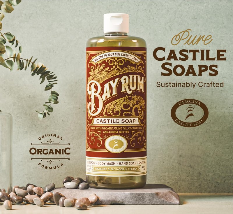 Carolina Castile Soap Bay Rum Scent – Certified Organic Base, High Olive Oil Content, Non-Drying, Made with Organic Oils, Concentrated Natural Body Wash for Men and Women (Bay Rum, 32 Fl Oz)
