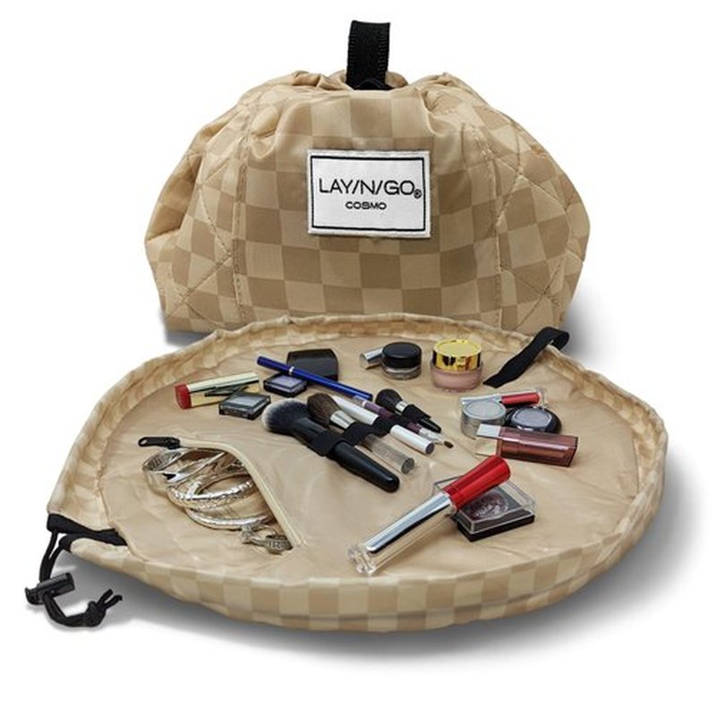 Lay-n-Go Cosmo Drawstring Cosmetic & Makeup Bag Organizer - Portable Drawstring Makeup Bag w/Zipper Pocket, Makeup Loops & More - Durable, Machine Washable Makeup Bag for Travel (20”, Checked)