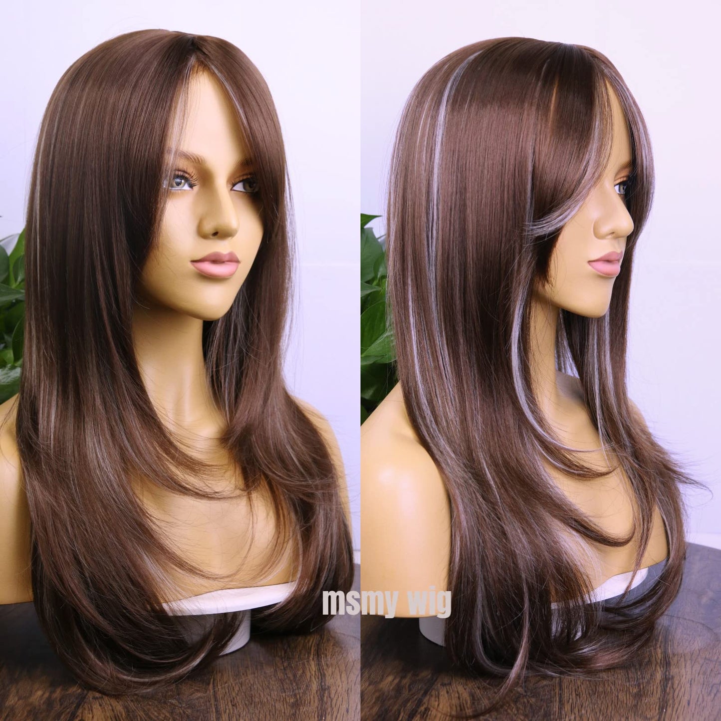 MSMYRNS Highlights Platinum Brown #4 Long Wavy Curly Heat Resistant Synthetic Wig Fringe Bangs Middle Part Pre Layered Natural Looking For Women Daily Use Long Bangs