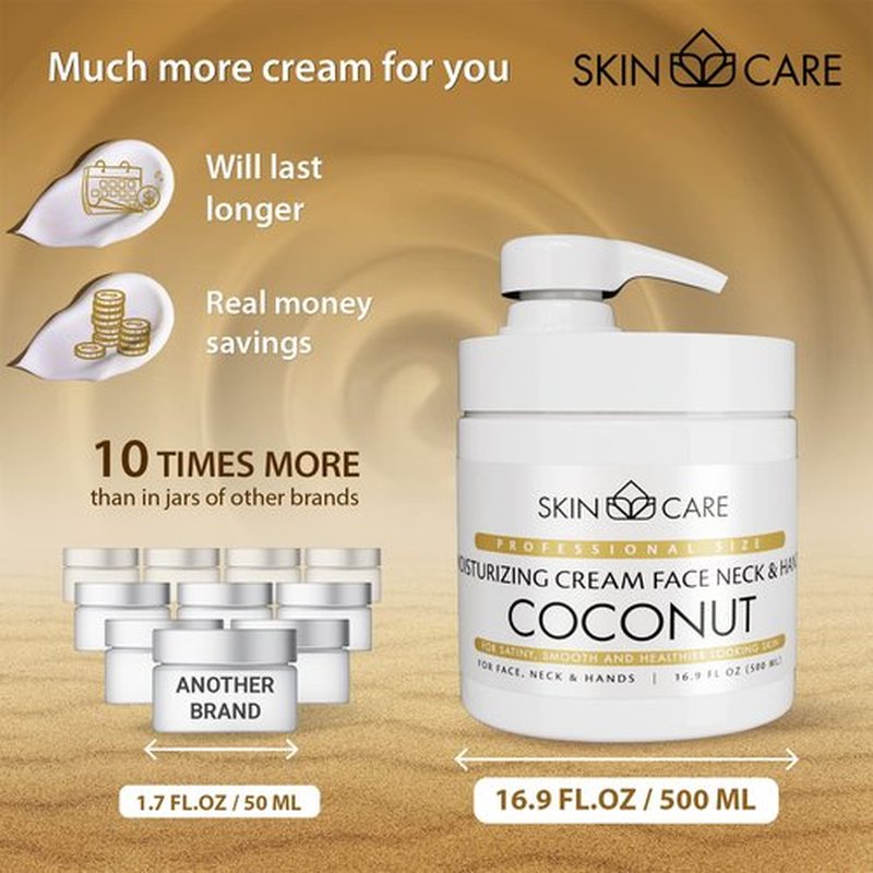 Skin Care Coconut Oil 3-in-1 Moisturizer Face Cream, Neck and Hands - Treatment for Crepey Skin, Wrinkles and Sagging - Daily Lotion for All Skin Types - 16.9 fl. oz.