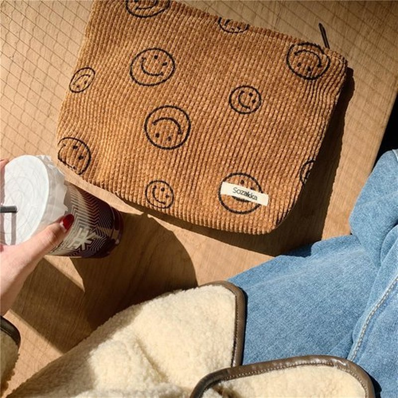 Cosmetic Bags for Women - Corduroy Cosmetic Bag Aesthetic Women Handbags Purses Smile Dots Makeup Organizer Storage Makeup Bag Girls Case Bags (Brown)