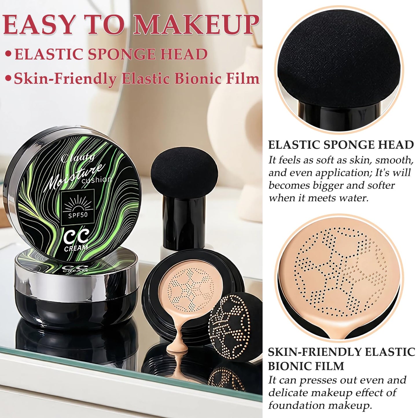 Cushion Foundation Air Cushion CC Cream - Natural Finish, Buildable Coverage Foundation, Even Skin Tone, Tattoo cover up, Moisturizing Concealer Cream Foundation Makeup (Buff Beige)