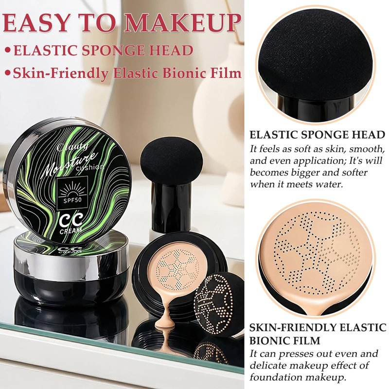 Cushion Foundation Air Cushion CC Cream - Natural Finish, Buildable Coverage Foundation, Even Skin Tone, Tattoo cover up, Moisturizing Concealer Cream Foundation Makeup (Buff Beige)