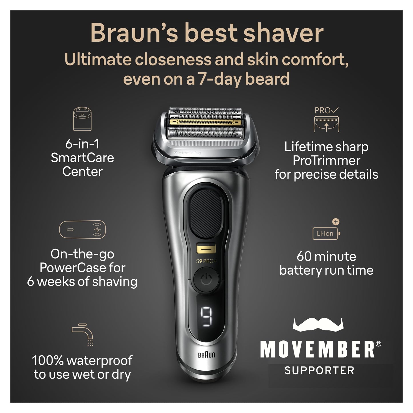 Braun Series 9 PRO+ 9577cc Electric Razor for Men, 5 Pro Shave Elements & Precision Long Hair Trimmer, 6in1 SmartCare Center, PowerCase for Mobile Charging, Wet & Dry, 60min Battery Runtime