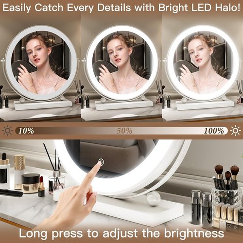 ROLOVE 13 Inch Vanity Mirror with Lights, Round Make Up Mirror with Lighting, LED Mirror Makeup Mirror with Lights for Bedroom Tabletop, Smart Touch Control, 360° Rotation (White)