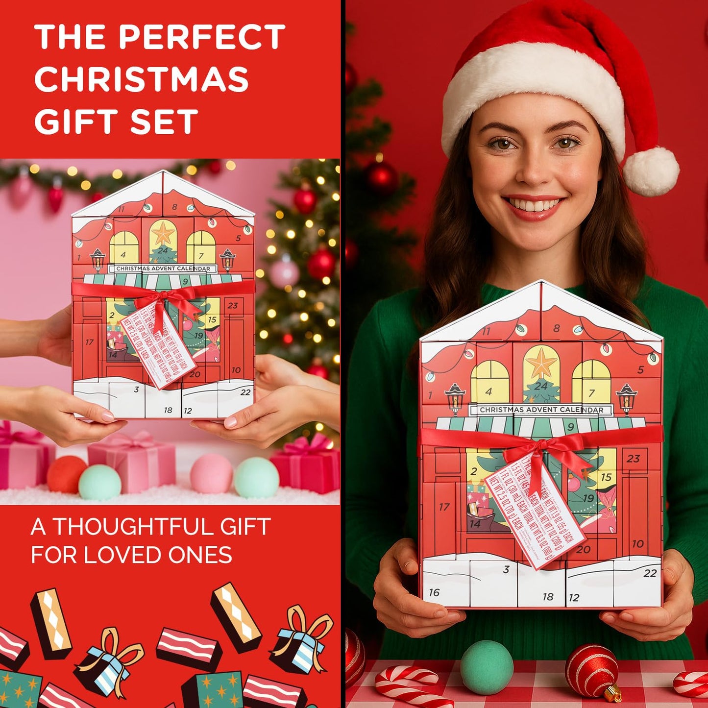 2026 Beauty Advent Calendar for Women, Christmas Countdown Gifts with Bath Bomb Bubble Bath Hand Cream Santa Sock, 24 Day Red Advent Calendar
