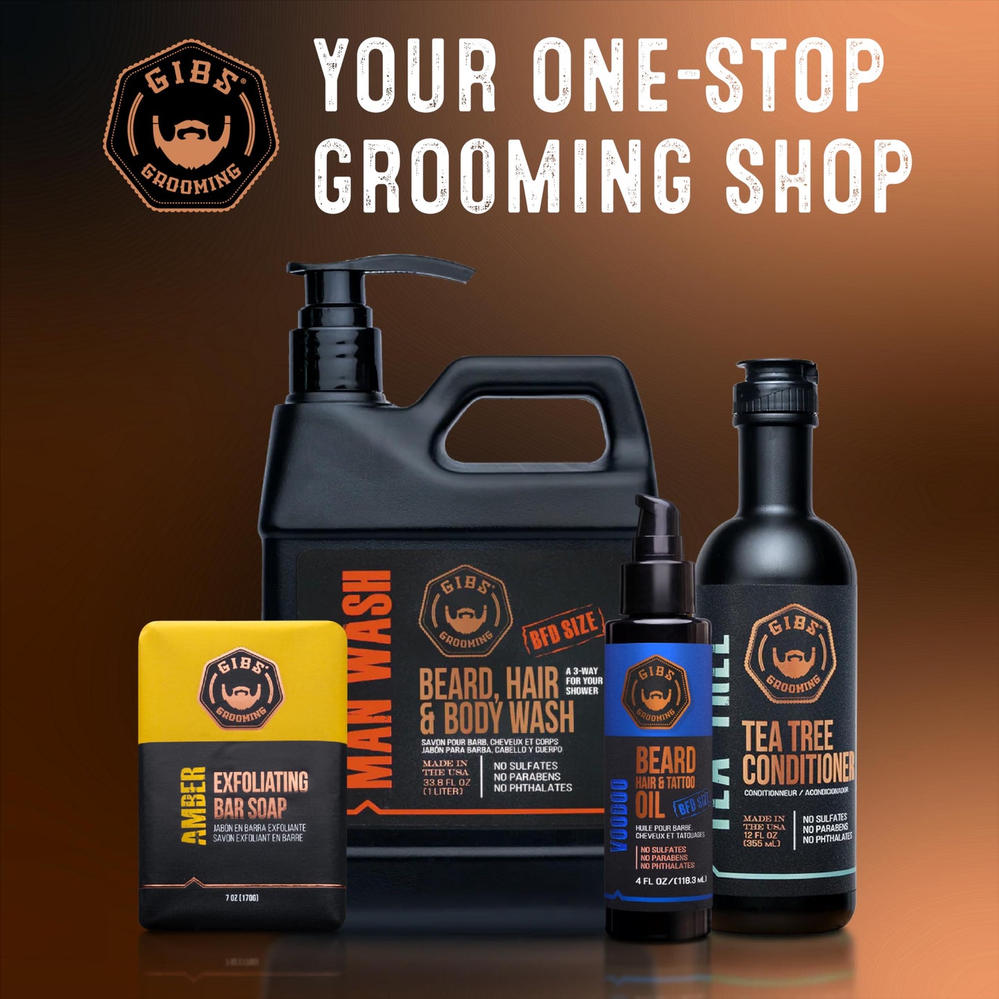 GIBS Grooming - Amber Man Wash (12 fl oz) 3-in-1 Beard, Hair, Body Soap - Citrus, Oak, Basil Scent - Sulfate Free - Tea Tree Oil, Hemp Oil, Protein - Mens Body Wash & Mens Shampoo - Made in USA