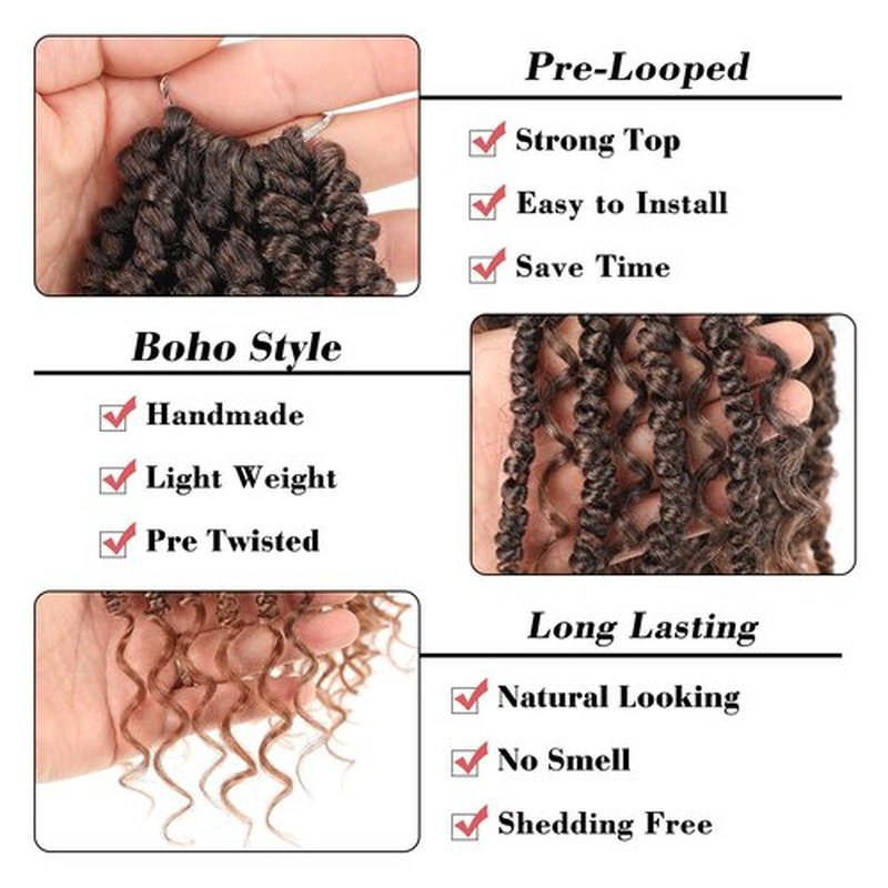 Leeven Passion Twist Hair 24 Inch Boho Style 8 Packs Ombre Brown Pre Twisted Goddess Crochet Passion Twist Pre Looped Bomb Twists Curly Ends Synthetic Braids for Women Girl #T30