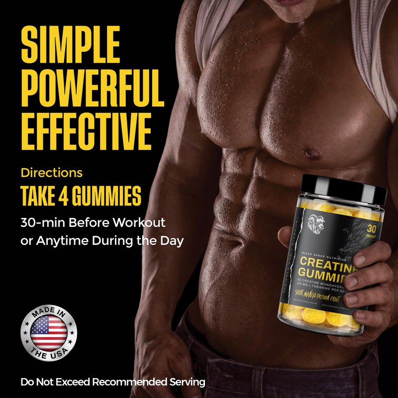 BLACK SHEEP NUTRITION Creatine Gummies, 5g of Creatine Monohydrate, L-Theanine, Non-GMO, Vegan - Build Muscle & Boost Recovery for Men & Women, Made in USA (30 Servings, Sour Mango Passionfruit)