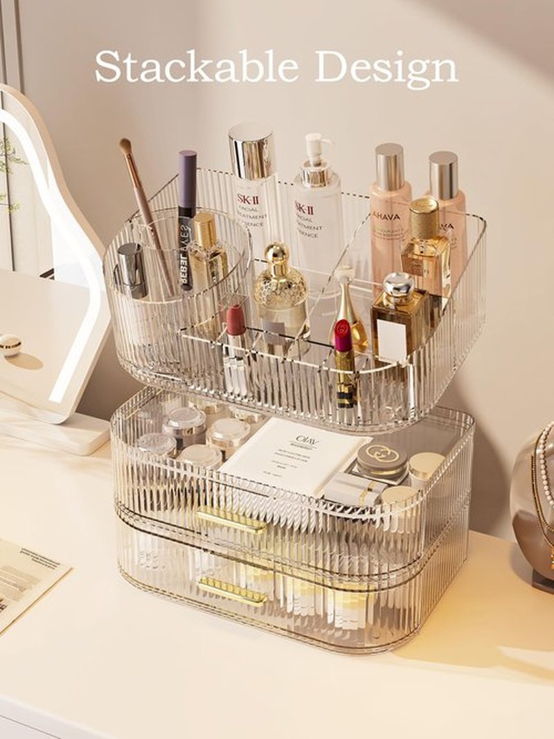 MIUOPUR Makeup Organizer with Rotating Makeup Brush Holder, Stackable Drawers for Bathroom Organizers and Storage, Make up Organizers for Vanity, Great for Cosmetics, skincare, Lipsticks -Clear