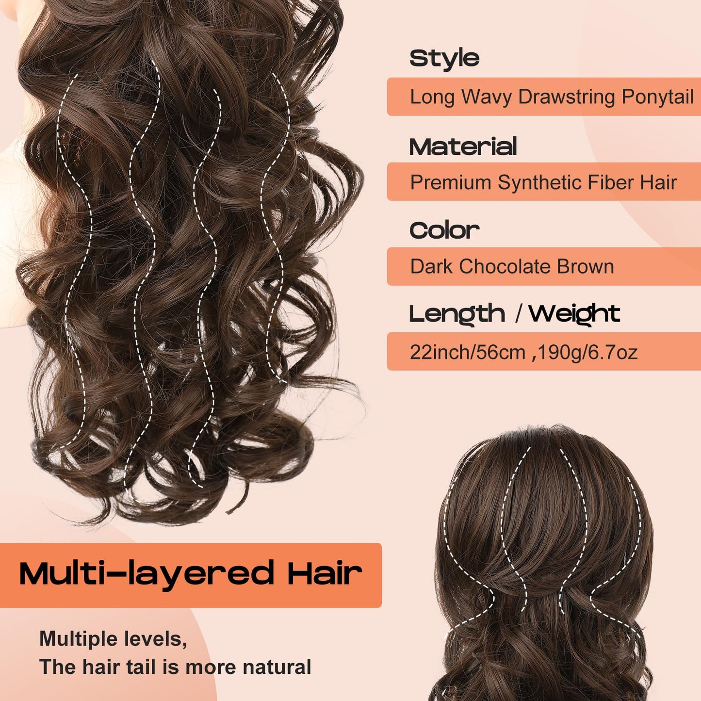 SEIKEA Ponytail Extension, 22" Long Wavy Curly Drawstring Ponytail Multi-layered Fluffy Thick Clip in Hair Extensions Ponytail Natural Soft Synthetic Hairpiece Dark Chocolate Brown