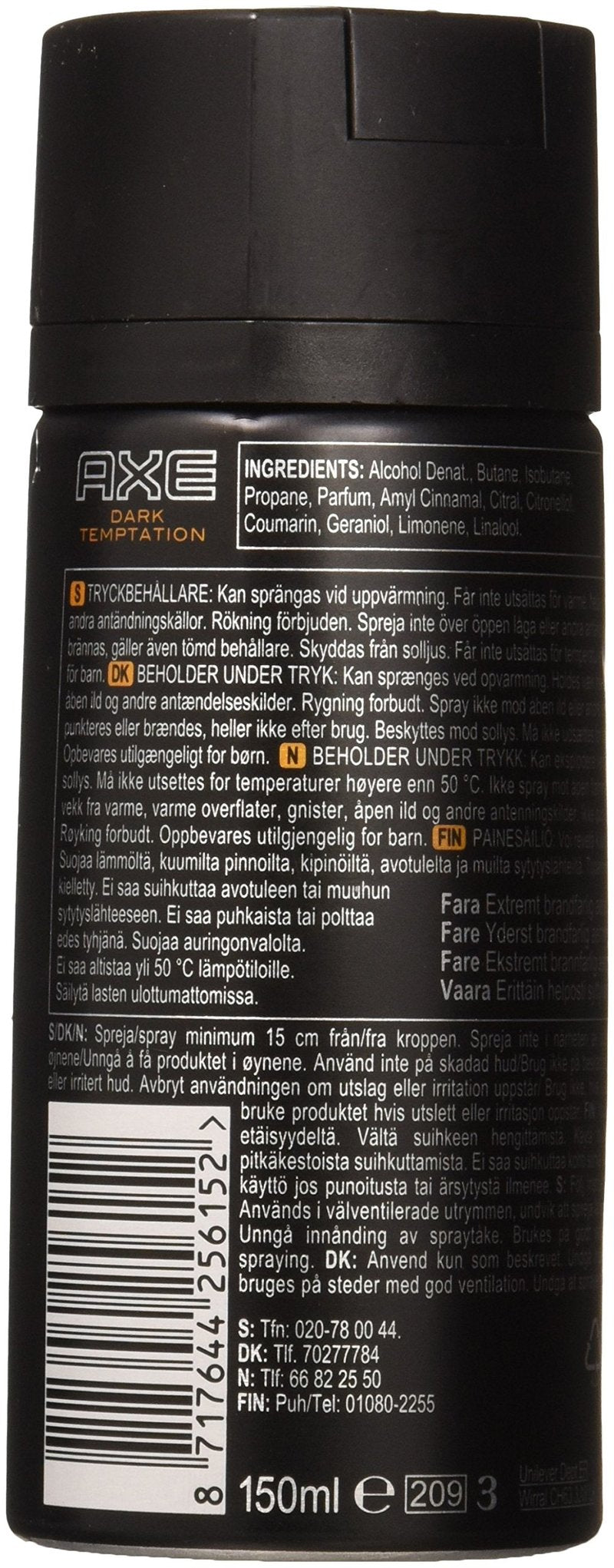 Axe Body Spray Deodorant Dark Temptation All Day Fresh Scent Mens Deodorant Without Aluminum 5.07 oz - 6 Pack