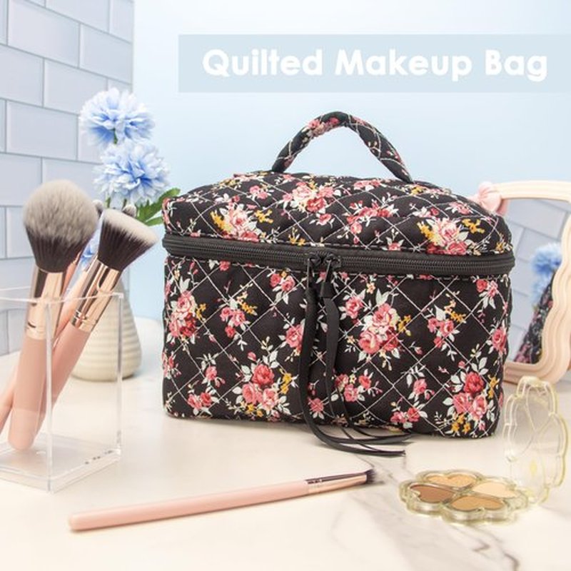 PAZIMIIK Cotton Makeup Bag for Women Large Quilted Travel Cosmetic Case Girls' Make Up Organizer,Rose Black