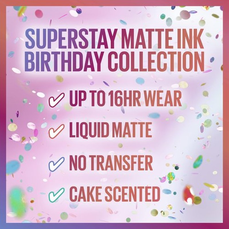 MAYBELLINE New York Super Stay Matte Ink Liquid Lipstick, Transfer-Proof, Long-Lasting, Limited-Edition Birthday-Cake-Scented Shades, Guest of Honor, 0.17 Fl Oz