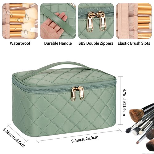 OCHEAL Makeup Bag, Portable Cosmetic Bag, Large Capacity Travel Makeup Case Organizer, Pink Makeup Bags For Women Toiletry Bag for Girls Traveling With Handle and Divider-Green
