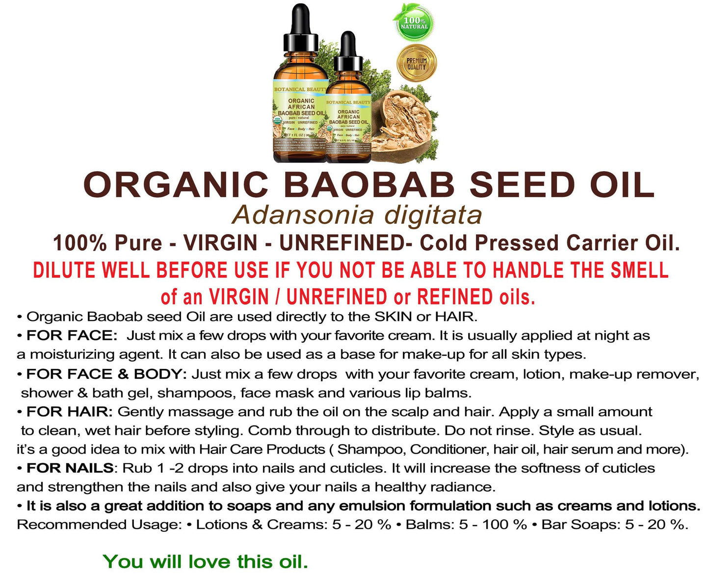 Botanical Beauty Organic BAOBAB SEED OIL 100% Pure Natural Refined Cold-pressed Carrier Oil 0.5 Fl oz 15 ml For Face, Skin, Body, Hair, Lip, Nails. Rich in vitamin C, Vitamin E
