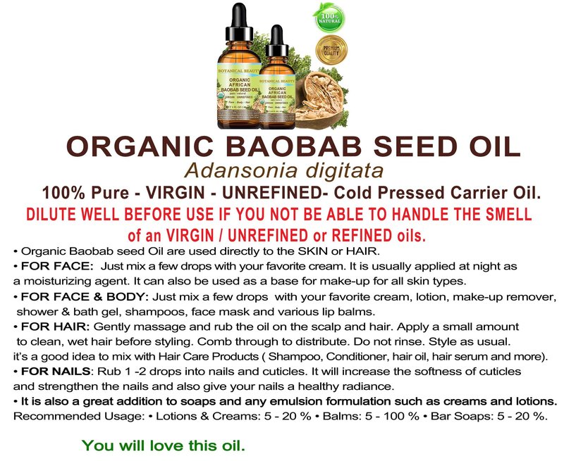 Botanical Beauty Organic BAOBAB SEED OIL 100% Pure Natural Refined Cold-pressed Carrier Oil 0.5 Fl oz 15 ml For Face, Skin, Body, Hair, Lip, Nails. Rich in vitamin C, Vitamin E