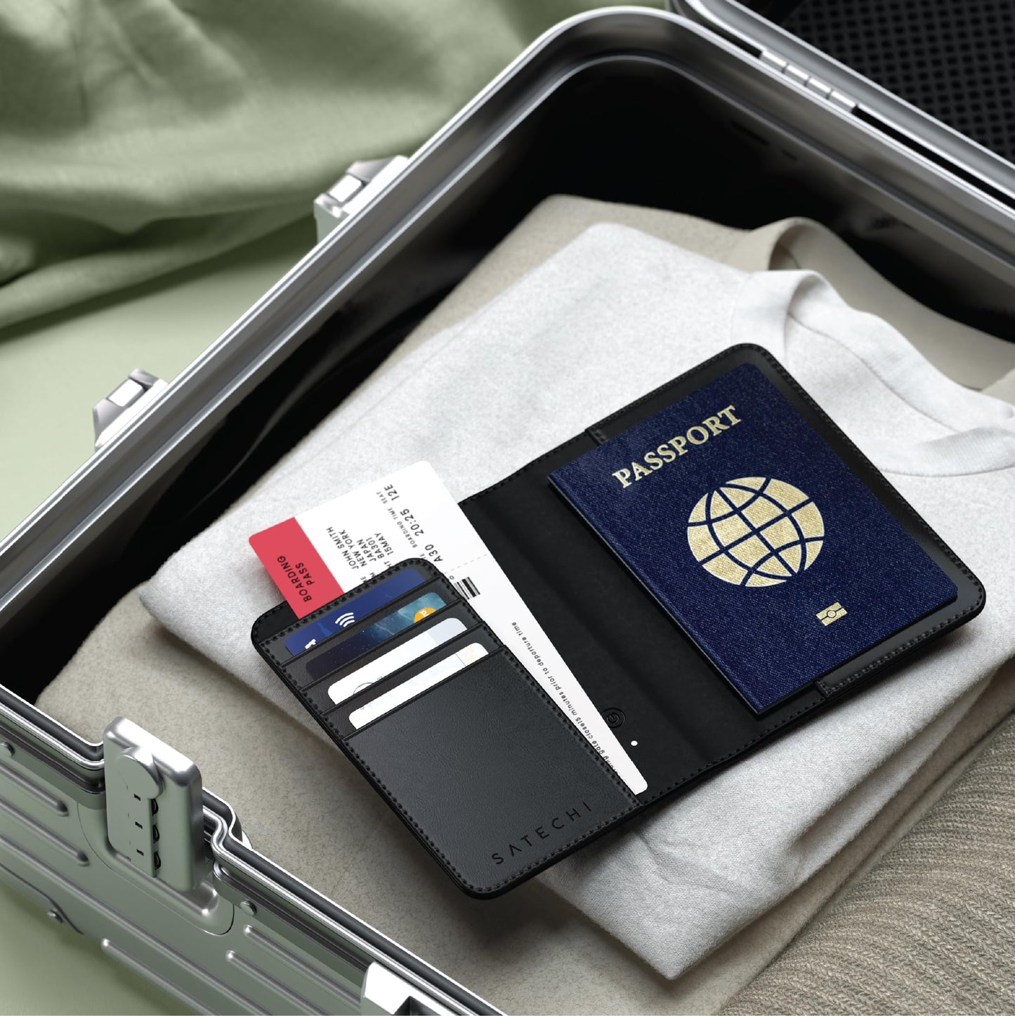 Satechi Passport Holder for Travel with Find My, Passport Cover with 4 Card Holder, Wireless Charging, and RFID protection ā Travel Essential Vegan Leather Passport Holder ā Black