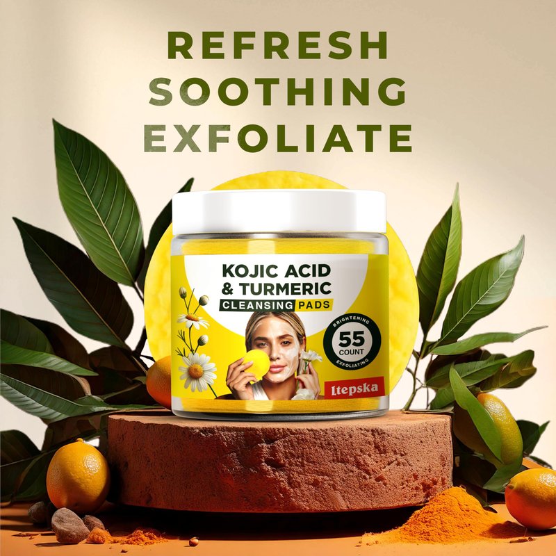 LTEPSKA Turmeric Kojic Acid Cleansing Pads, 55 Pcs Kojic Acid and Turmeric Cleansing Pads, Exfoliating Dark Spot Remover for Face with Vitamin C, For Brightening