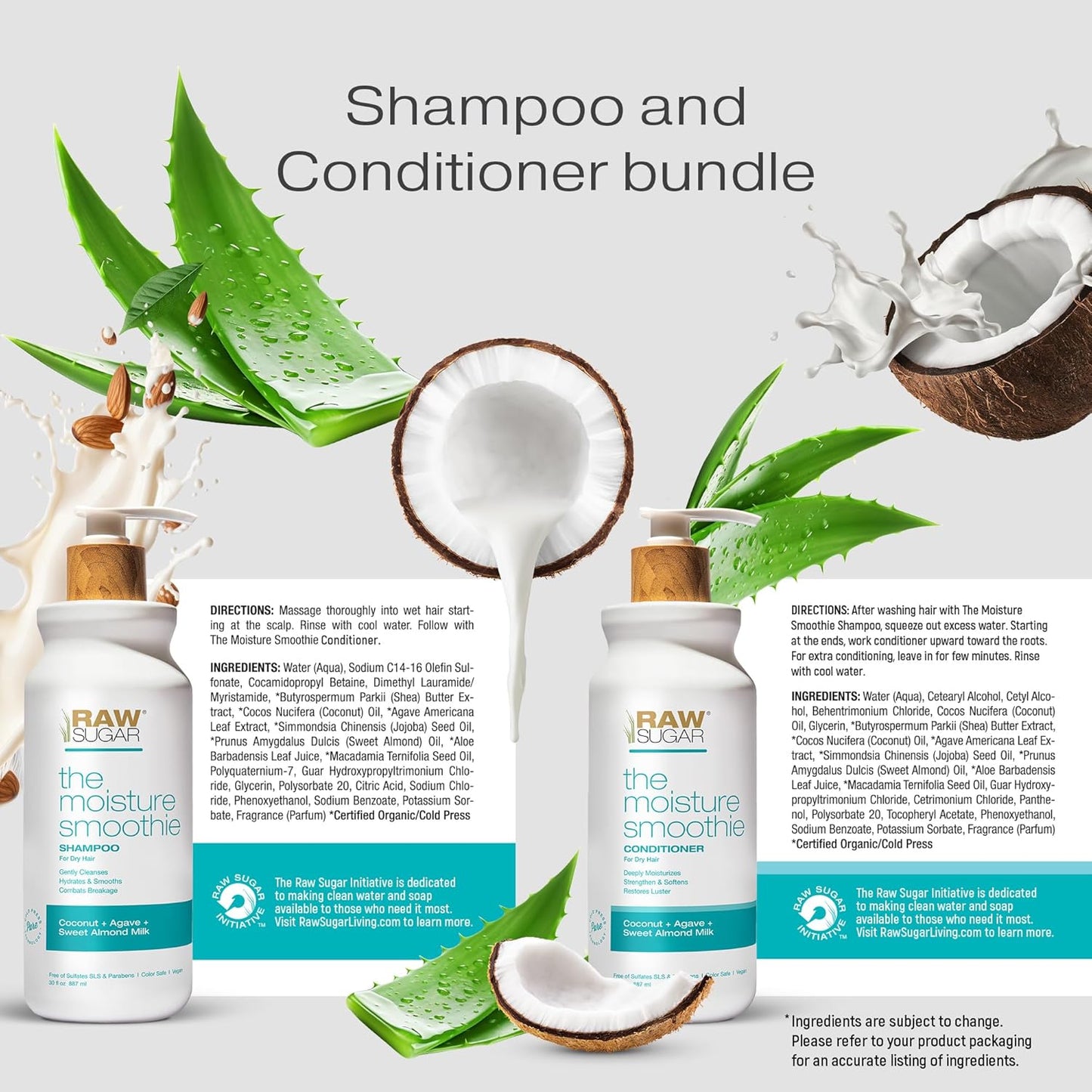 Raw Sugar Moisture Smoothie Shampoo and Conditioner Set, Moisturize & Nourish Dry Hair, Bulk Shampoo and Conditioner with Coconut Oil, Agave & Sweet Almond Oil, Formulated without Sulfates & Parabens