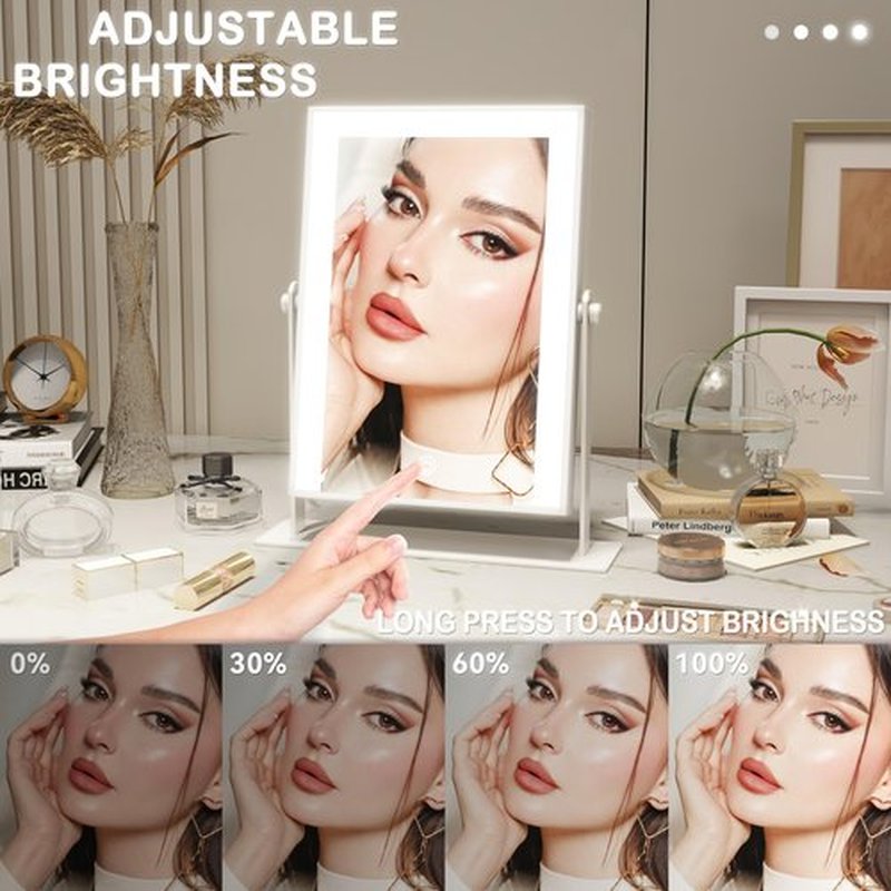ROLOVE Lighted Makeup Mirror with Light, 9"x11" Vanity Mirror with Lights, Portable Tabletop Cosmetic Make Up Mirror, Smart Touch Control, Dual Power Supply, 360°Rotation