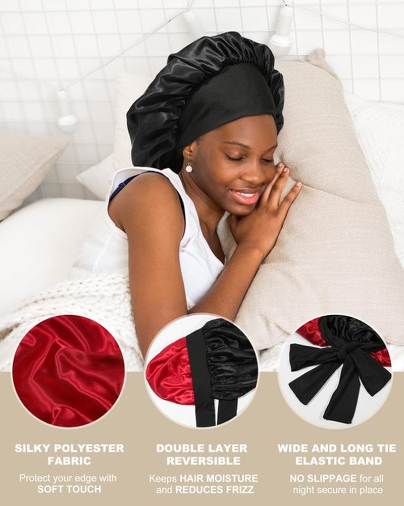 Satin Bonnet for Women Silk Bonnets for Sleeping Curly Hair Bonnet with Elastic Tie Band Reversible Double Layer Sleep Cap Hair Wrap (Black + Red)