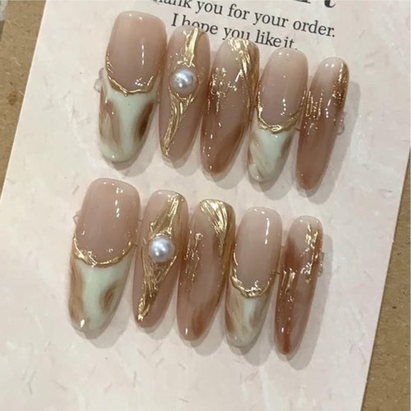 Lurenia • Lxssie Press On Nails - French Style with Pearl Embellishments and 3D Gold Texture - Reusable Nail Art Gift Set for Women (EXTRA SMALL-3D Gold Texture, )