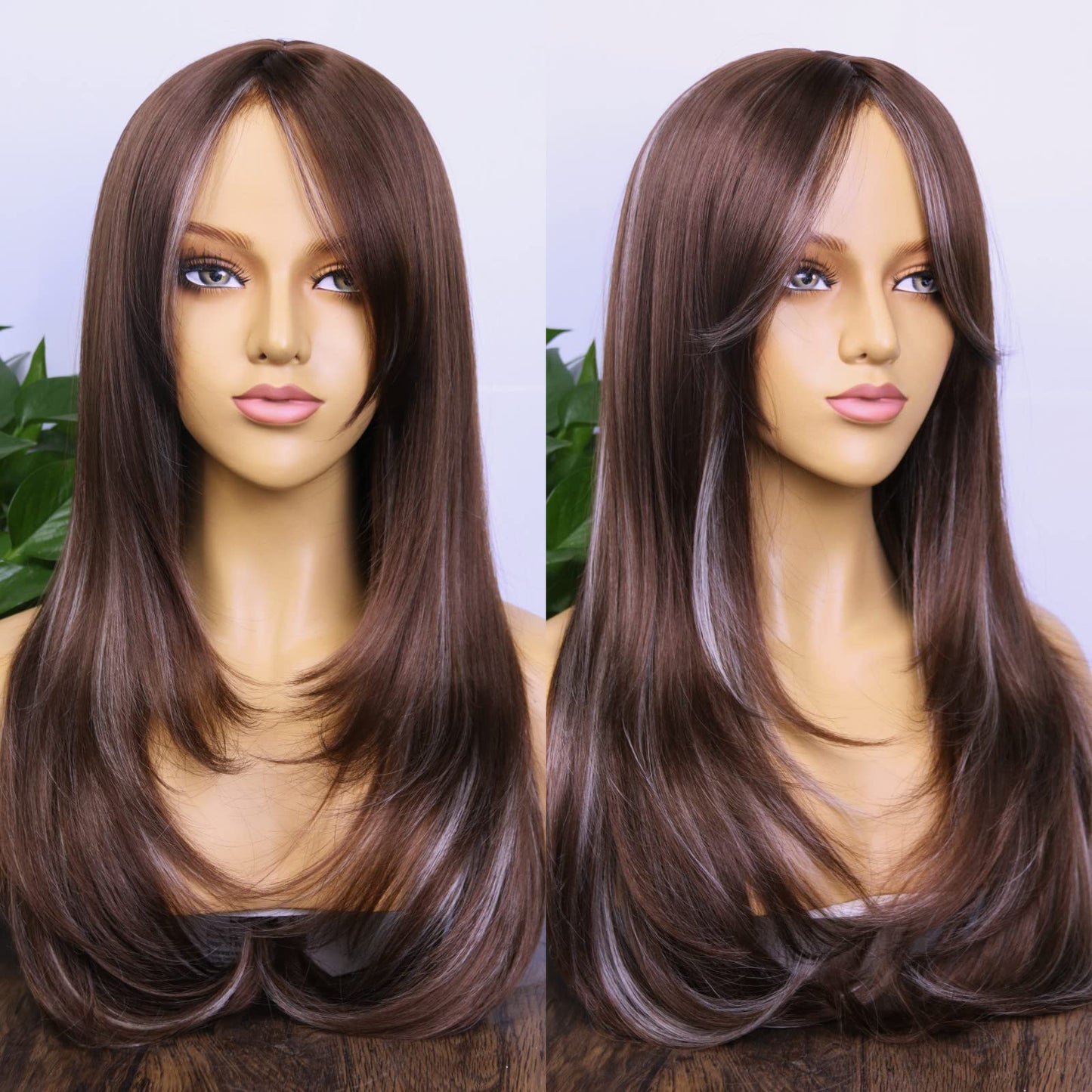 MSMYRNS Highlights Platinum Brown #4 Long Wavy Curly Heat Resistant Synthetic Wig Fringe Bangs Middle Part Pre Layered Natural Looking For Women Daily Use Long Bangs