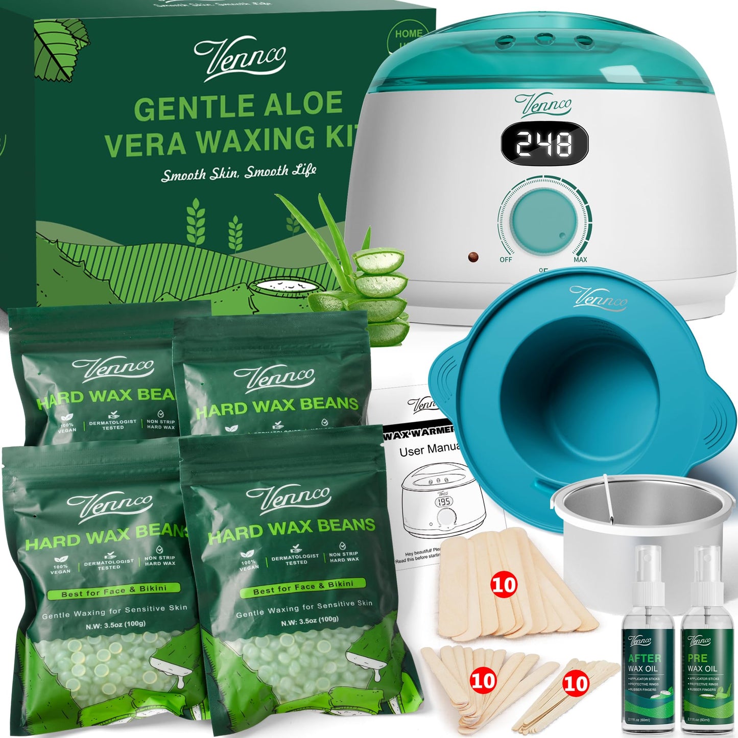 VENNCO Waxing Kit for Women Men - Premium Digital Wax Melt Warmer Kit for Sensitive Skin Coarse Hair Removal - 14oz Hard Wax Beads & Silicone Liner - for Bikini Brazilian Body Face Leg - Home Wax Kit