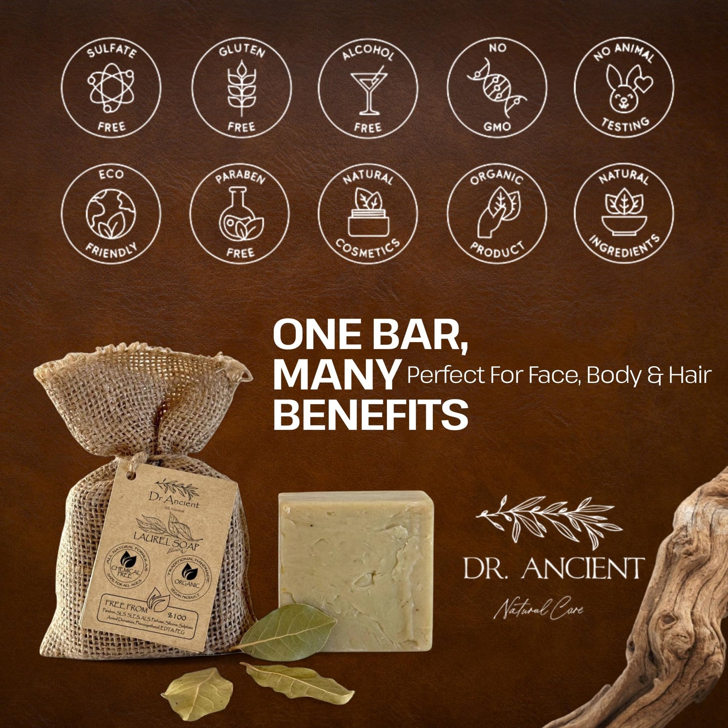 Dr.Ancient Aleppo Laurel Soap Bar, Organic Soap Bars Handcrafted the Traditional Way, Natural Chemical-Free, Vegan, Used for Face Wash, Body Wash, Hand Cleansing and Daily Skin Care, Gentle Cleanser