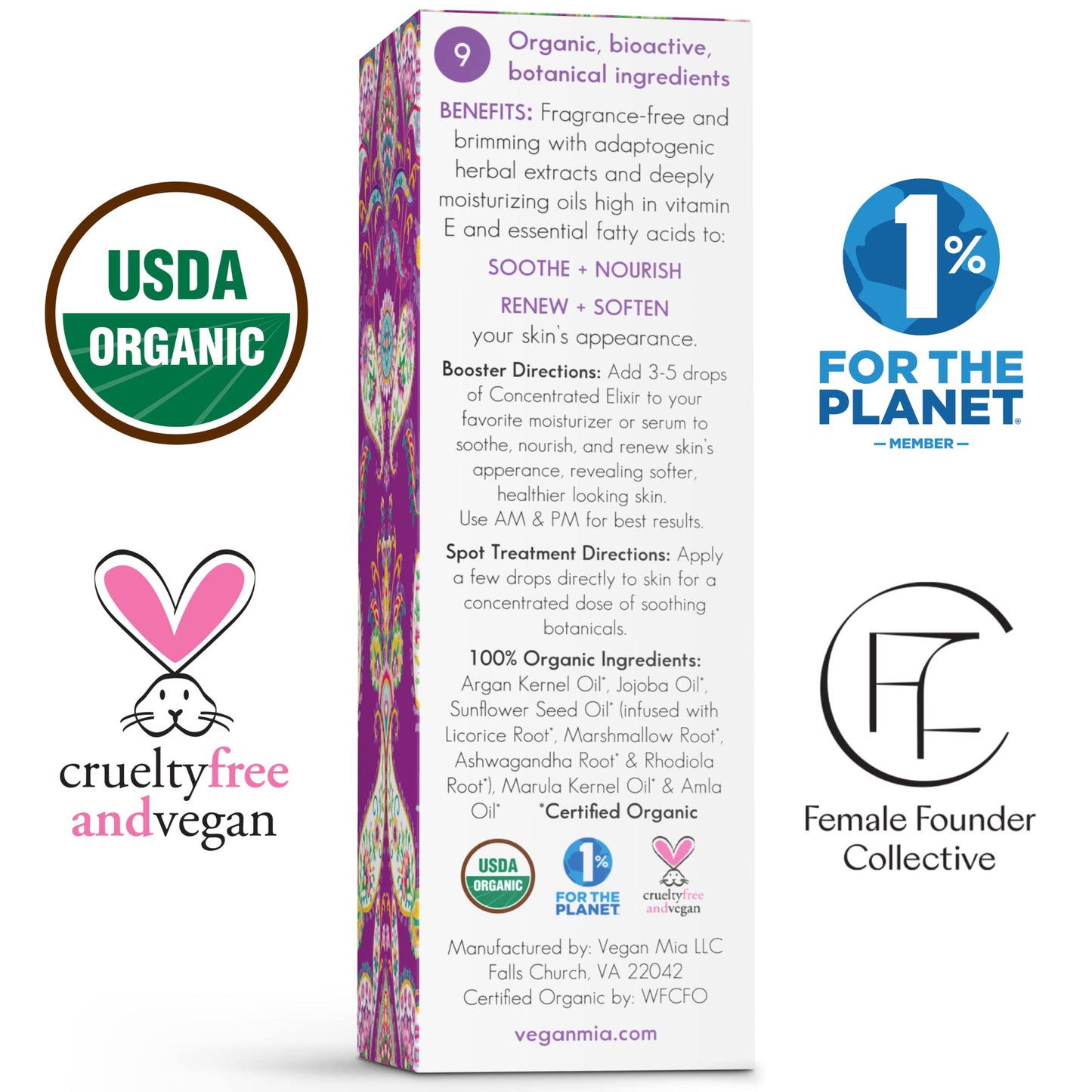 Vegan Mia - USDA Organic Harmony Adaptogen Elixir Face Oil - Face Moisturizer For Dry Skin, Blemishes, Redness & Fragrance Sensitivities - with Licorice, Ashwagandha, Rhodiola Root & More - 0.5 fl oz