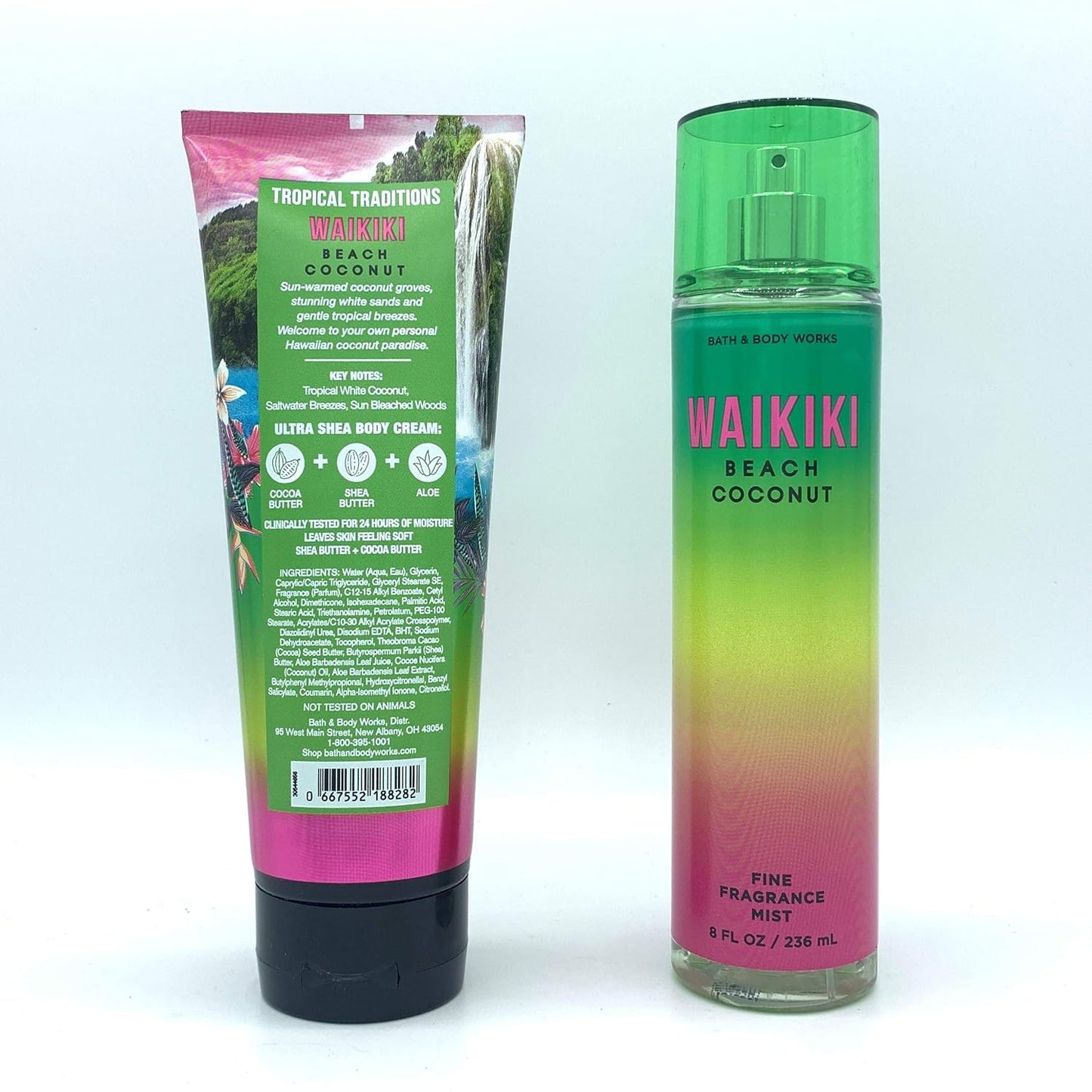 Bath and Body Works Waikiki Beach Coconut 2020 Edition 8oz Body Cream and 8oz Fine Fragrance Mist 2-Piece Bundle, Regular Sizes