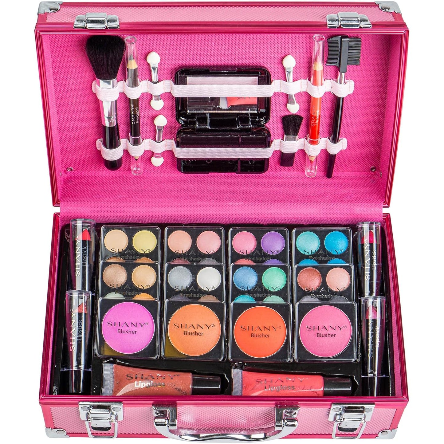 SHANY Carry All Make up Train Case with Pro Makeup Set, Beauty Brushes, Lipsticks, Eye Shadows, Blushes, Powders, and more - Reusable Cosmetics Storage Organizer - Premium Gift Packaging - Leopard