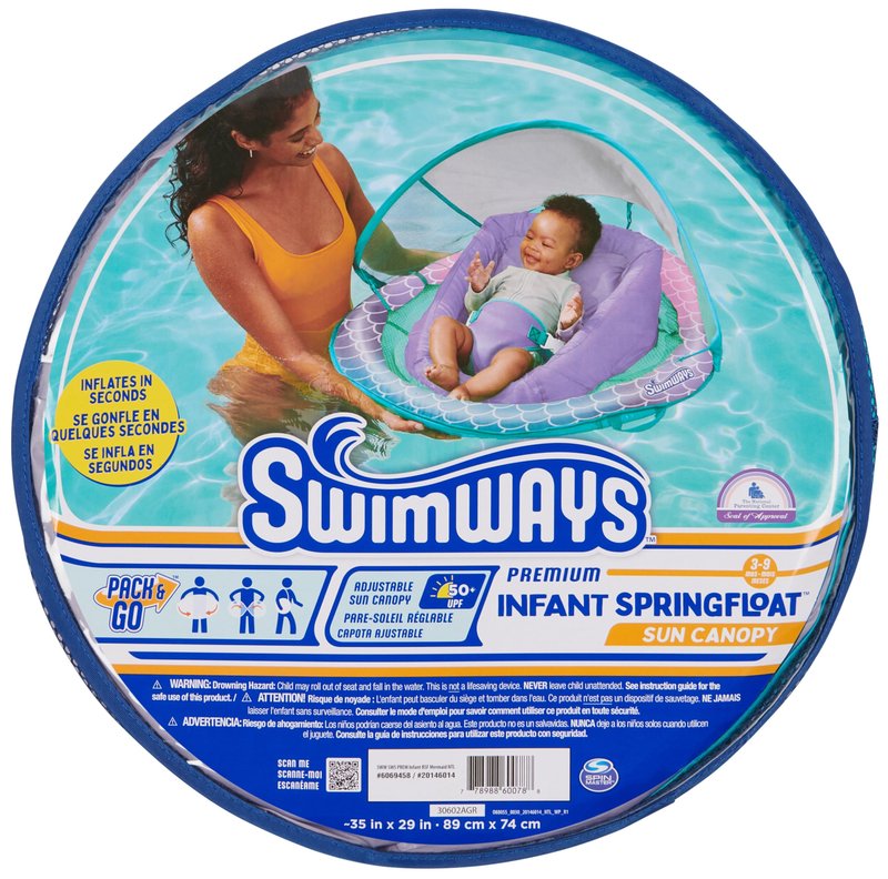 SwimWays Infant Spring Float, Baby Pool Float with Canopy, Swimming Pool Accessories for Kids 3-9 Months, Mermaid