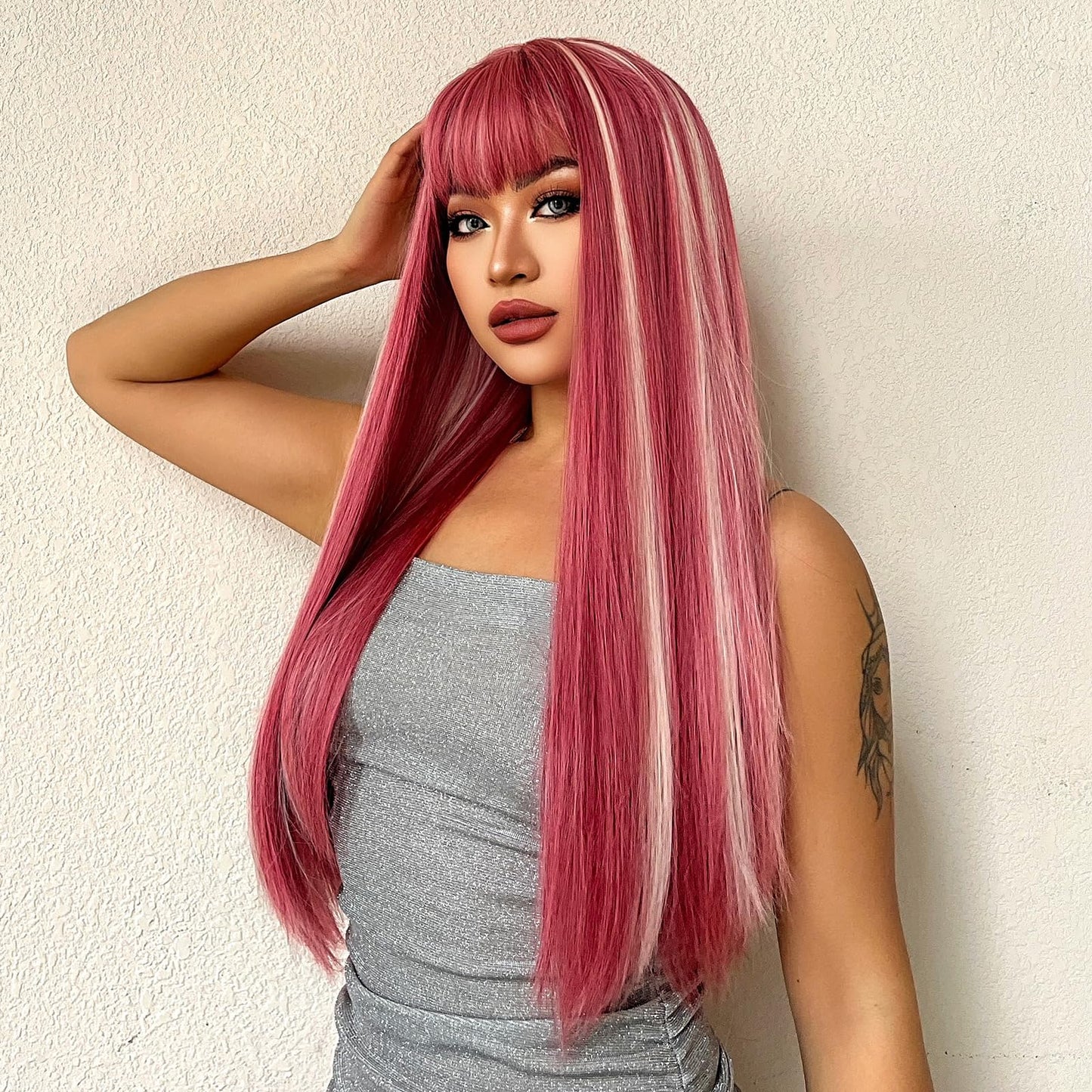 testar Pink Wigs for White Women Long Straight Wigs With Bangs Natural Looking Heat Resistant Fiber Synthetic Wigs for Any Occasion Use 26IN