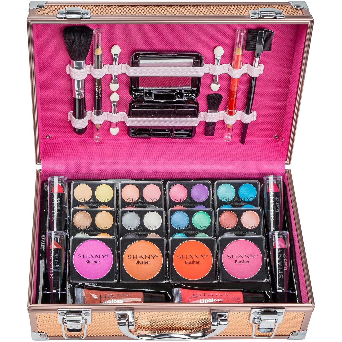 SHANY Carry All Make up Train Case with Pro Makeup Set, Beauty Brushes, Lipsticks, Eye Shadows, Blushes, Powders, and more - Reusable Cosmetics Storage Organizer - Premium Gift Packaging - Leopard