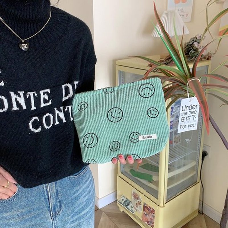 Cosmetic Bags for Women - Corduroy Cosmetic Bag Aesthetic Women Handbags Purses Smile Dots Makeup Organizer Storage Makeup Bag Girls Case Bags (Green)
