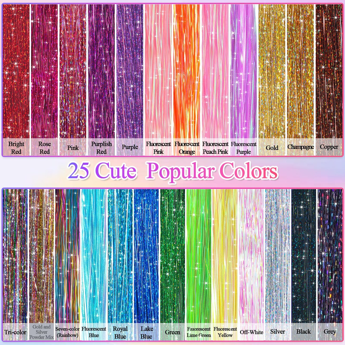 25 Colors Fairy Hair Tinsel Kit 5000 Hair Glitter Strands 48 Inch Heat Resistant Tinsel Hair Extensions Sparkling Shiny Highlights Hair Tinsel with Tools for Christmas Halloween New Year Cosplay Party