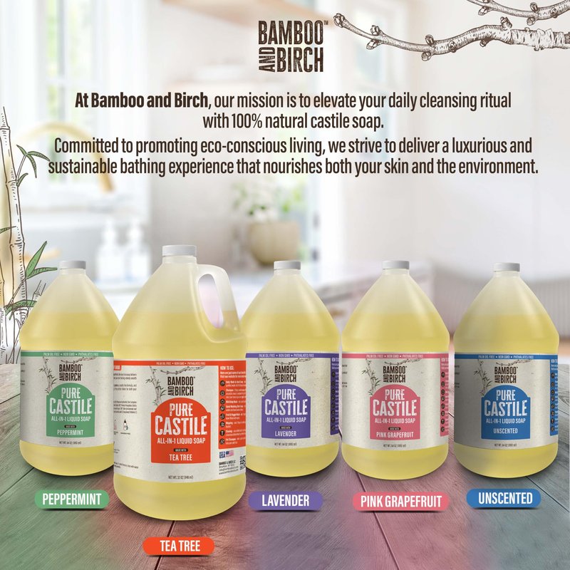 BAMBOO AND BIRCH Pure Castile Soap Liquid, Peppermint, 64 oz