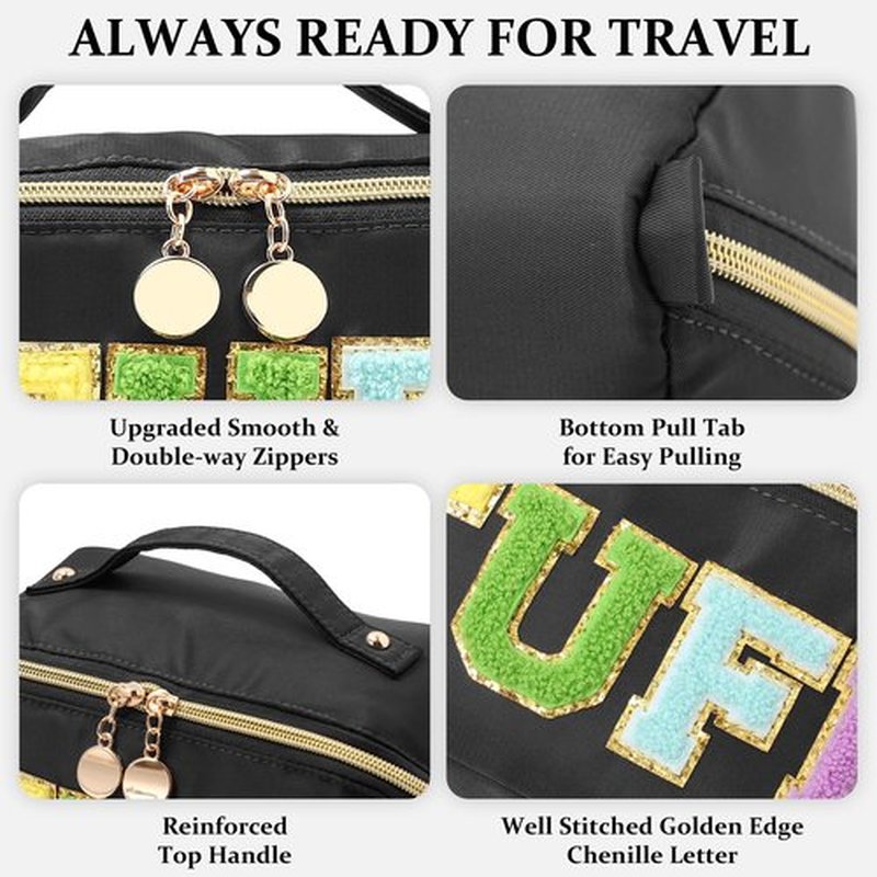 LONEDREAM Stoney Clover Preppy Makeup Bag, Large Capacity Travel Cosmetic Bag, Chenille Letter Open Flat Nylon Stuff Makeup Bag, Preppy Patch Better Belt Everything Makeup Bag, Black