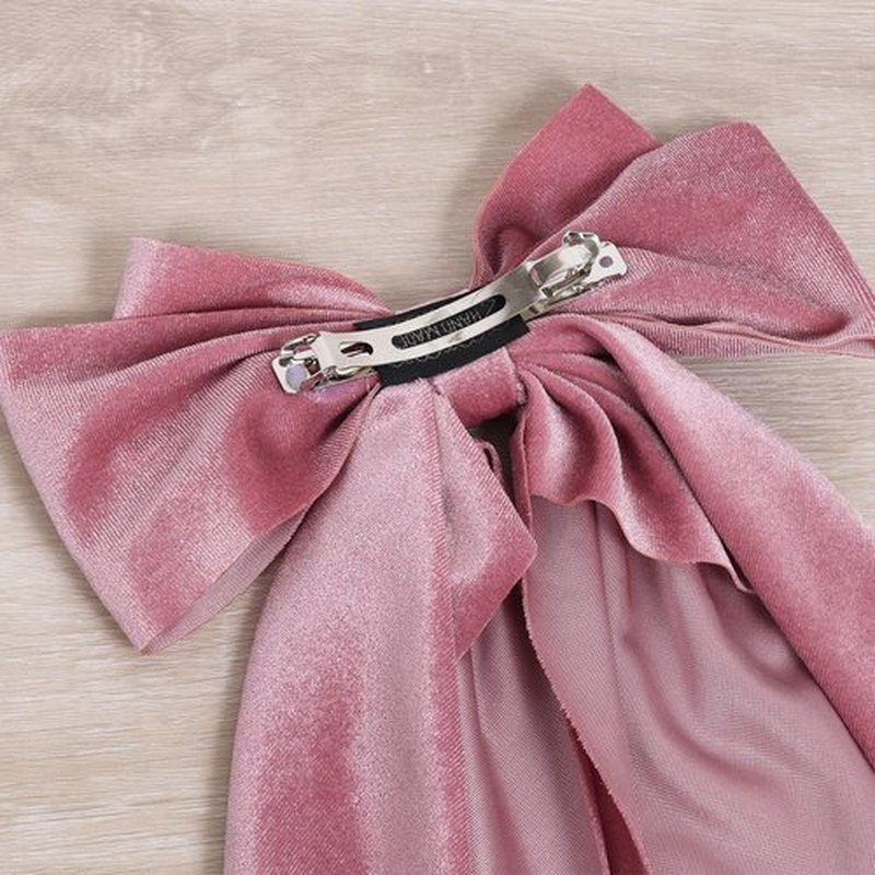 Beige Pink Velvet Ribbon Hair Bows with Long Tail for Women Girls Thick Hair Valentines Ponytail Holder Decor Accessory Everyday Big Bow-Knot French Hair Barrette Clips Clamp Stuff