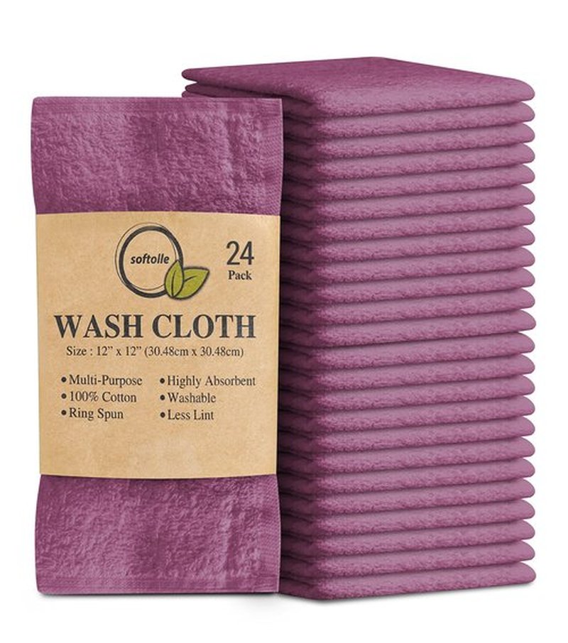 Softolle 100% Cotton Ring Spun Wash Cloths – Bulk Pack of Washcloths – 12x12 Inches – Wash Cloth for Face, Highly Absorbent, Soft and Face Towels (Purple Ash, 24 Pack)