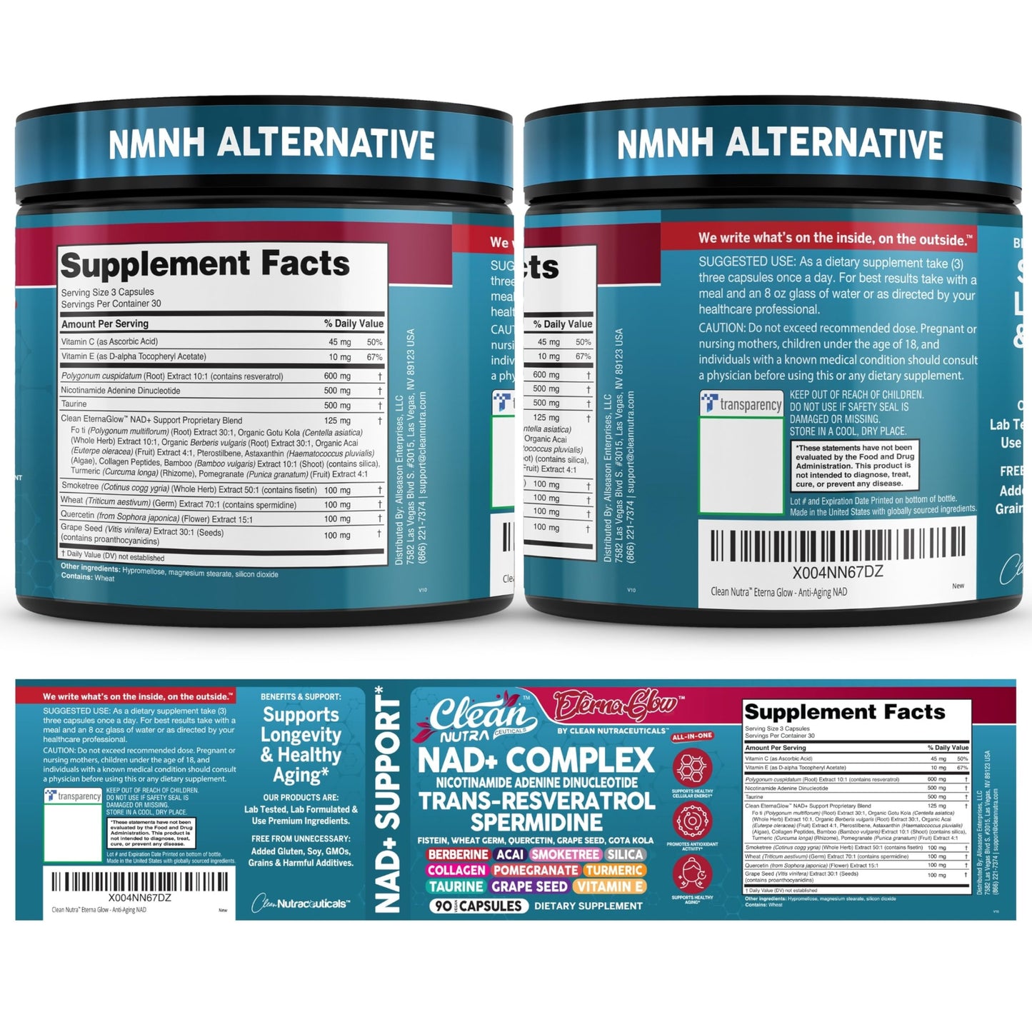 NAD Resveratrol Supplement Spermidine Fisetin Quercetin Grape Seed Gotu Kola Berberine Astaxanthin Taurine Pomegranate Acai Anti Aging Longevity Capsules for Women Men EternaGlow by Clean Nutra 90ct
