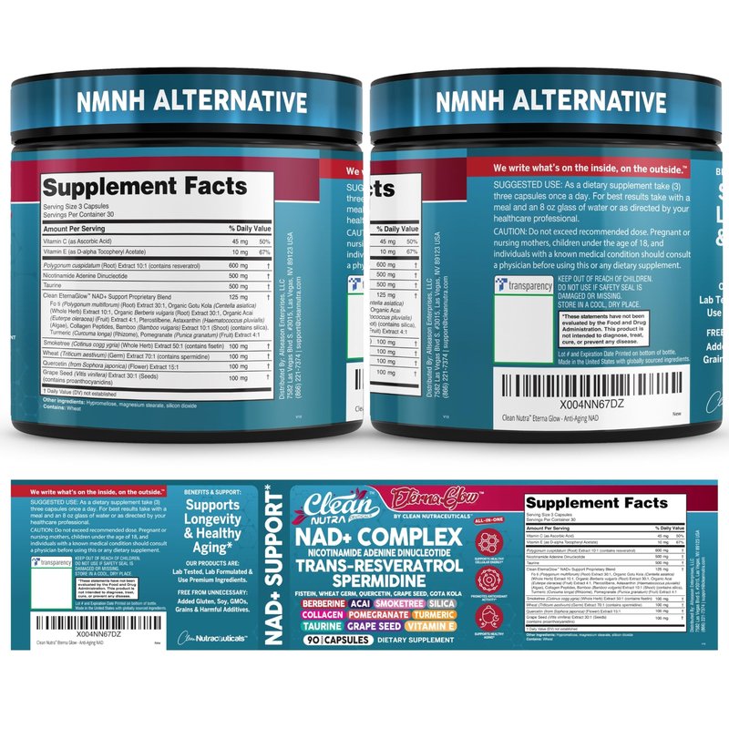 NAD Resveratrol Supplement Spermidine Fisetin Quercetin Grape Seed Gotu Kola Berberine Astaxanthin Taurine Pomegranate Acai Anti Aging Longevity Capsules for Women Men EternaGlow by Clean Nutra 90ct