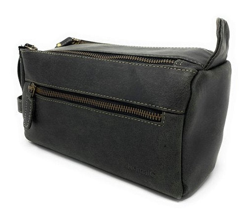 KOMALC Premium Buffalo Leather Unisex Toiletry Bag Travel Dopp Kit (Charcoal Black)